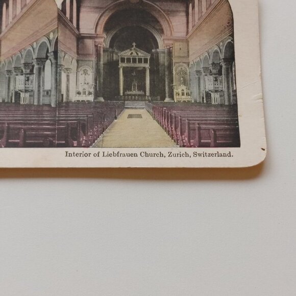 Antique Stereograph Card Interior of Liebfrauenkirche Church, Zurich Switzerland - Picture 2 of 3